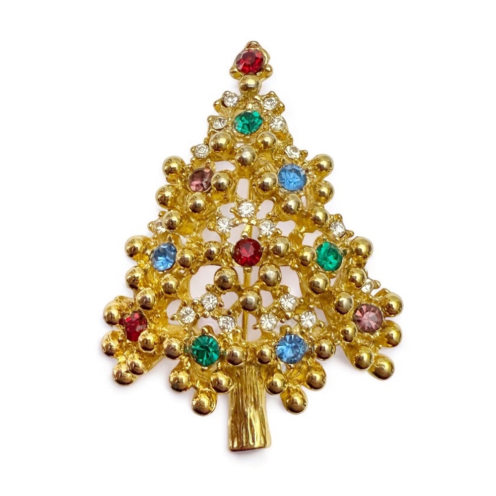 Vintage Eisenberg Multicolor Rhinestone Christmas Tree Brooch Pin Goldtone